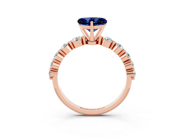 Rose gold Heart Cut Solitaire Blue Sapphire Ring with Pave Band and Four-Prong Setting