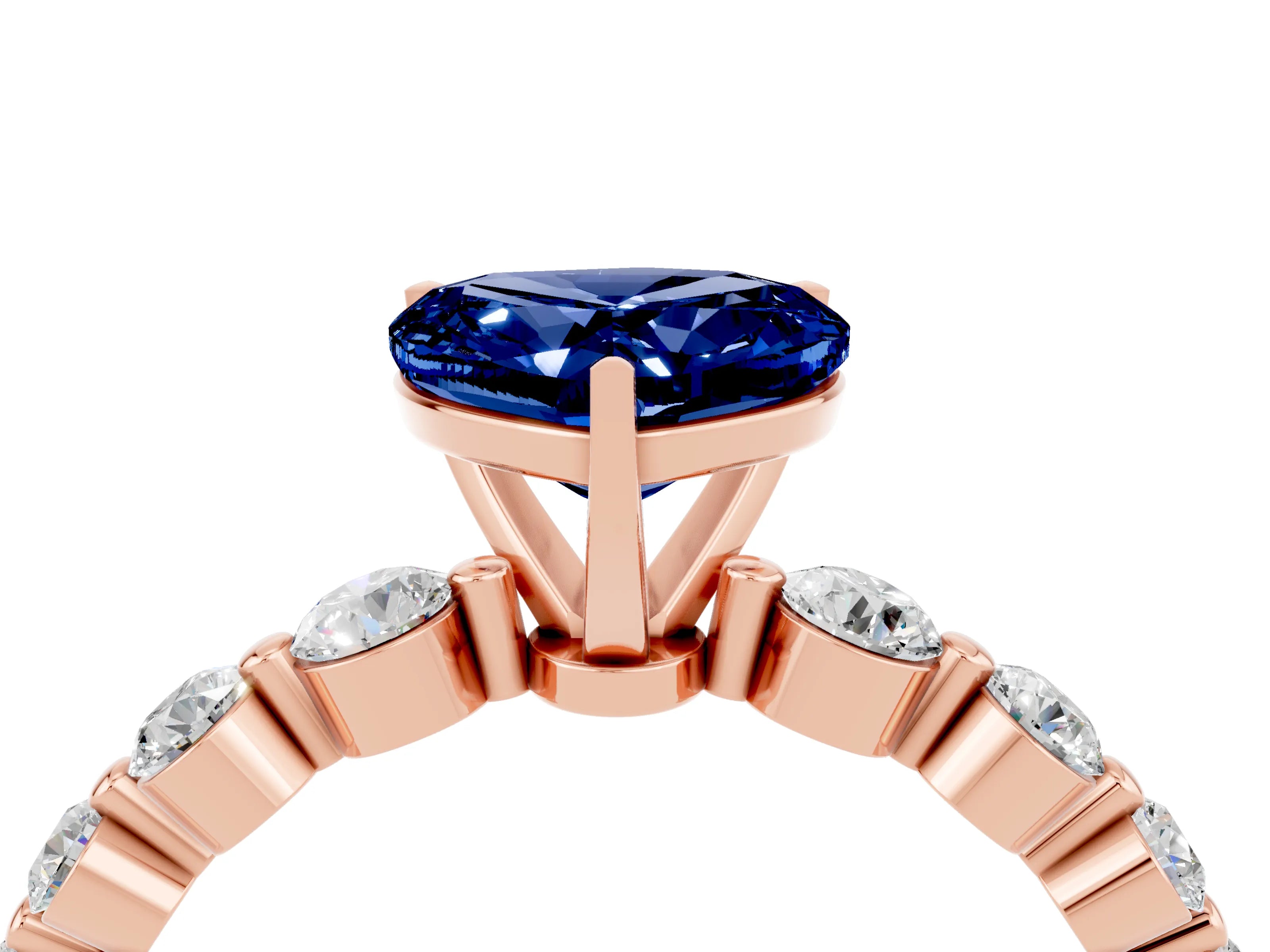 Rose gold Heart Cut Solitaire Blue Sapphire Ring with Pave Band and Four-Prong Setting_4