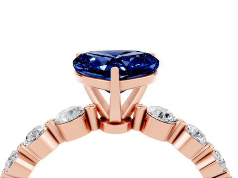 Rose gold Heart Cut Solitaire Blue Sapphire Ring with Pave Band and Four-Prong Setting_4