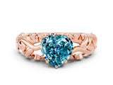 Rose gold Heart Cut Solitaire Blue Topaz Leaf-Inspired Vine Band Ring with Prong Setting