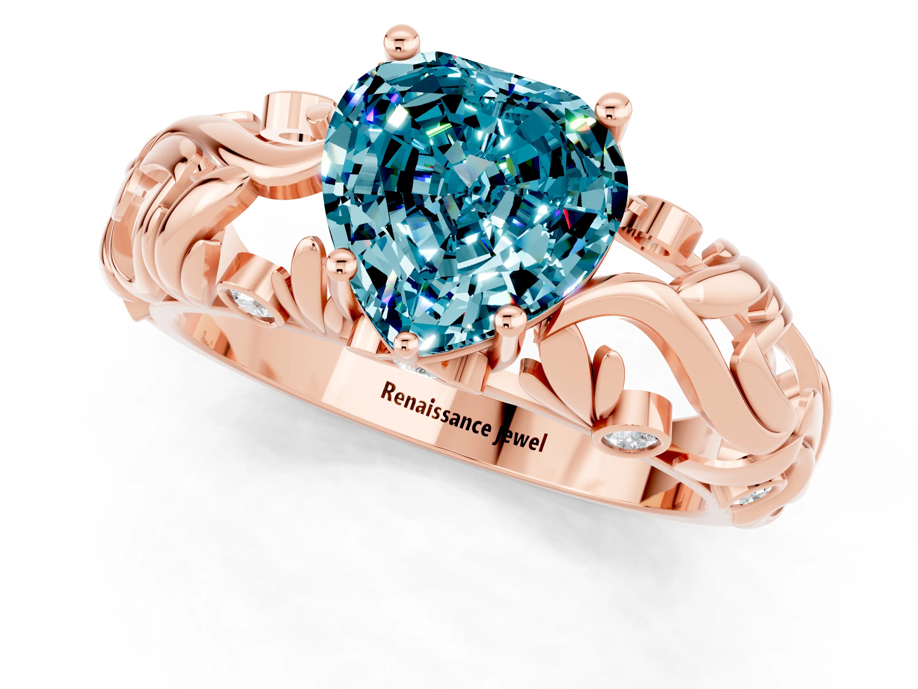 Rose gold Heart Cut Solitaire Blue Topaz Leaf-Inspired Vine Band Ring with Prong Setting_1