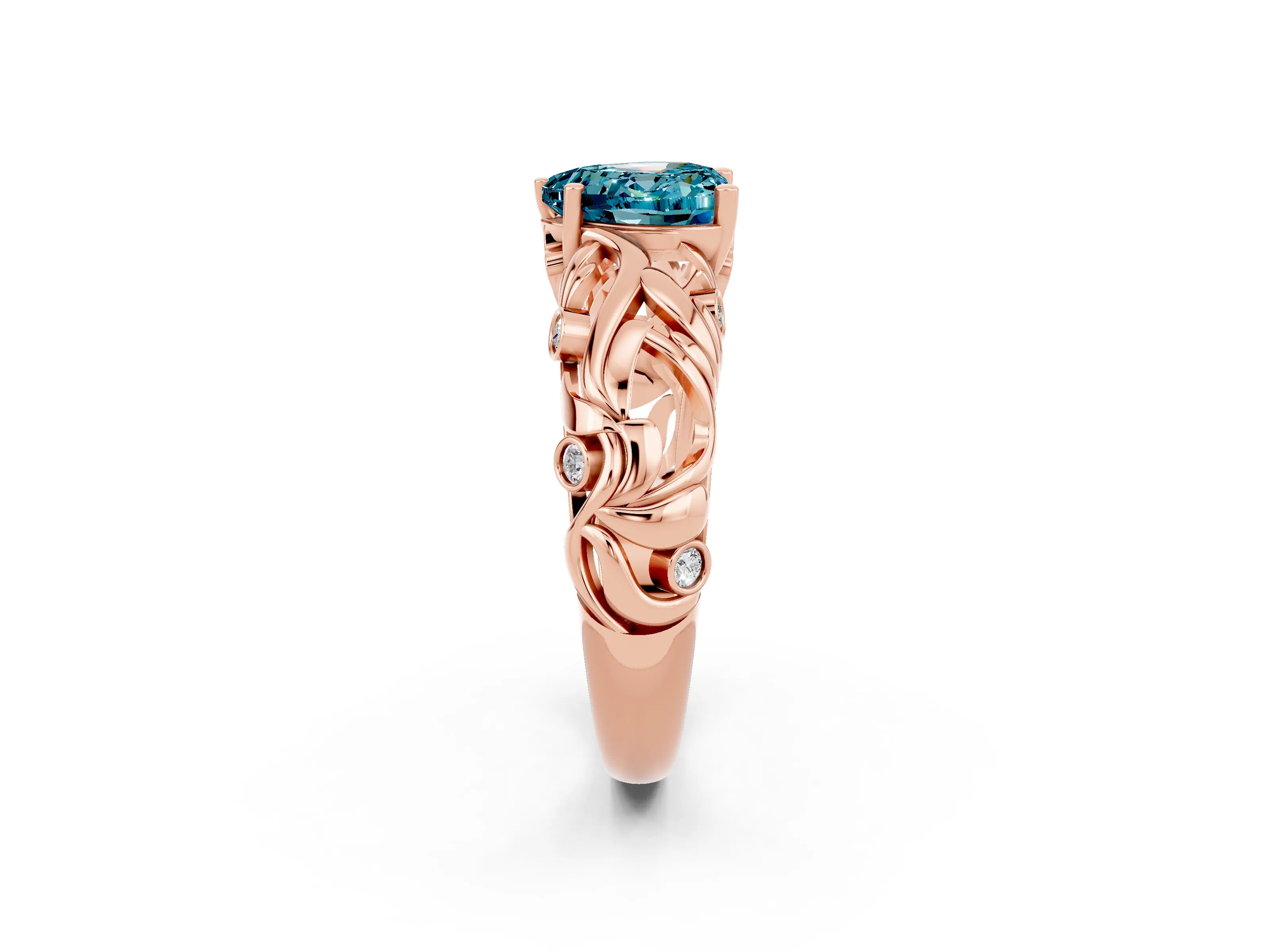 Rose gold Heart Cut Solitaire Blue Topaz Leaf-Inspired Vine Band Ring with Prong Setting_2