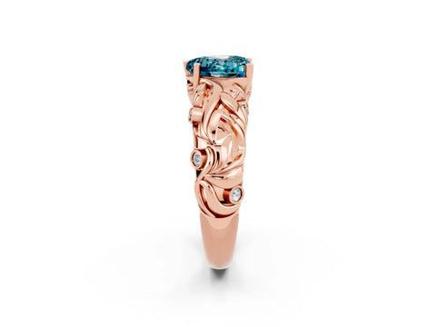Rose gold Heart Cut Solitaire Blue Topaz Leaf-Inspired Vine Band Ring with Prong Setting_2
