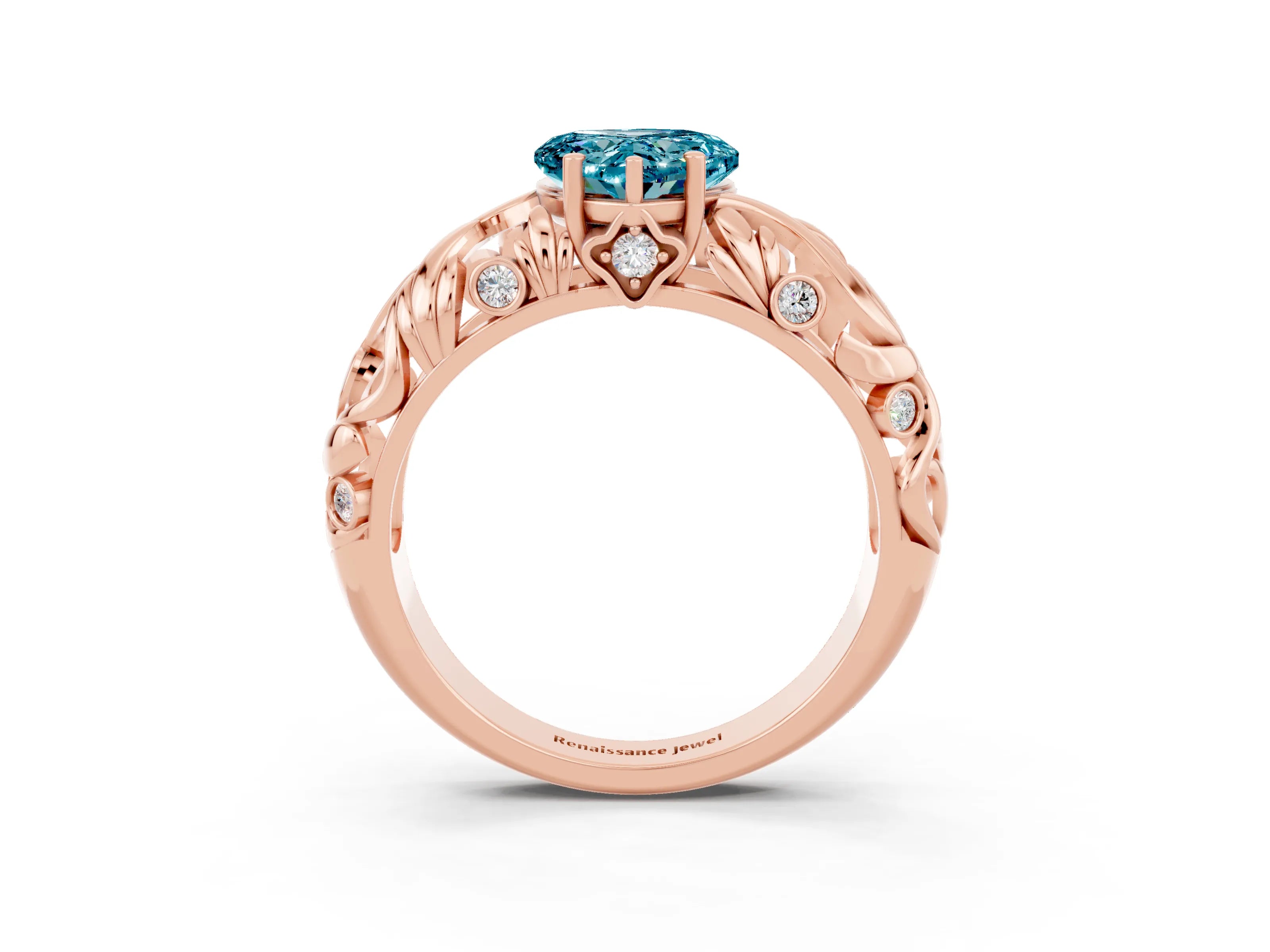 Rose gold Heart Cut Solitaire Blue Topaz Leaf-Inspired Vine Band Ring with Prong Setting_3