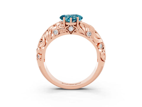 Rose gold Heart Cut Solitaire Blue Topaz Leaf-Inspired Vine Band Ring with Prong Setting_3
