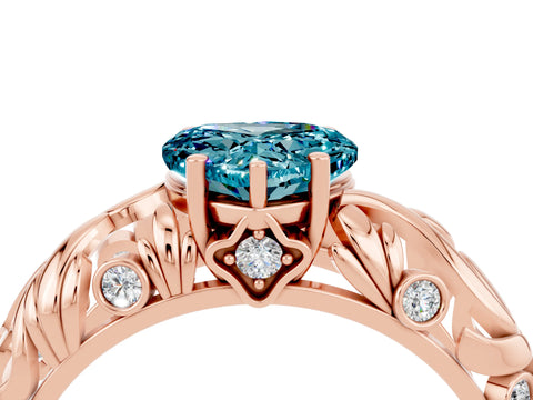 Rose gold Heart Cut Solitaire Blue Topaz Leaf-Inspired Vine Band Ring with Prong Setting_4