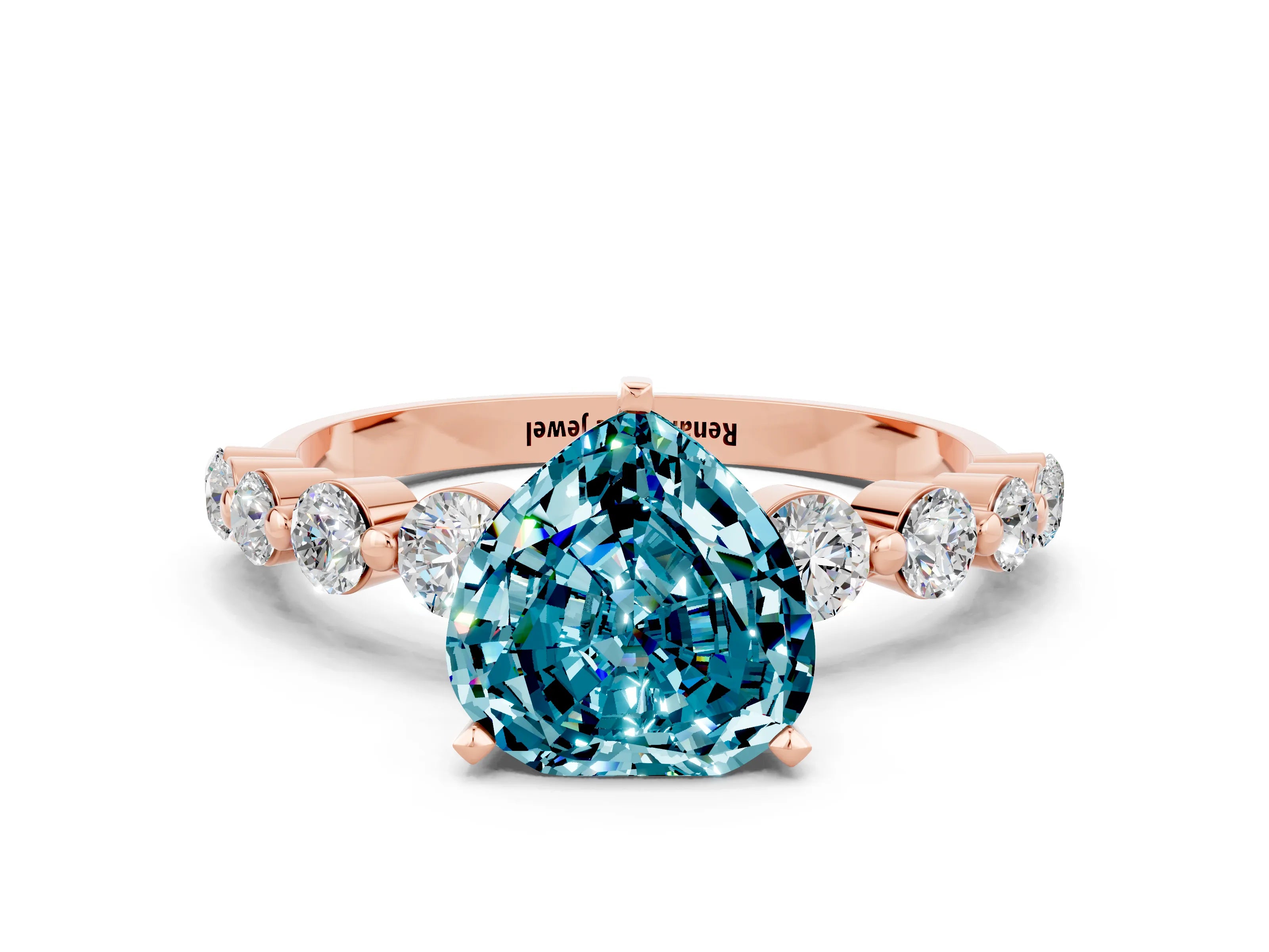 Rose gold Heart Cut Solitaire Blue Topaz Ring with Pave Band and Four-Prong Setting