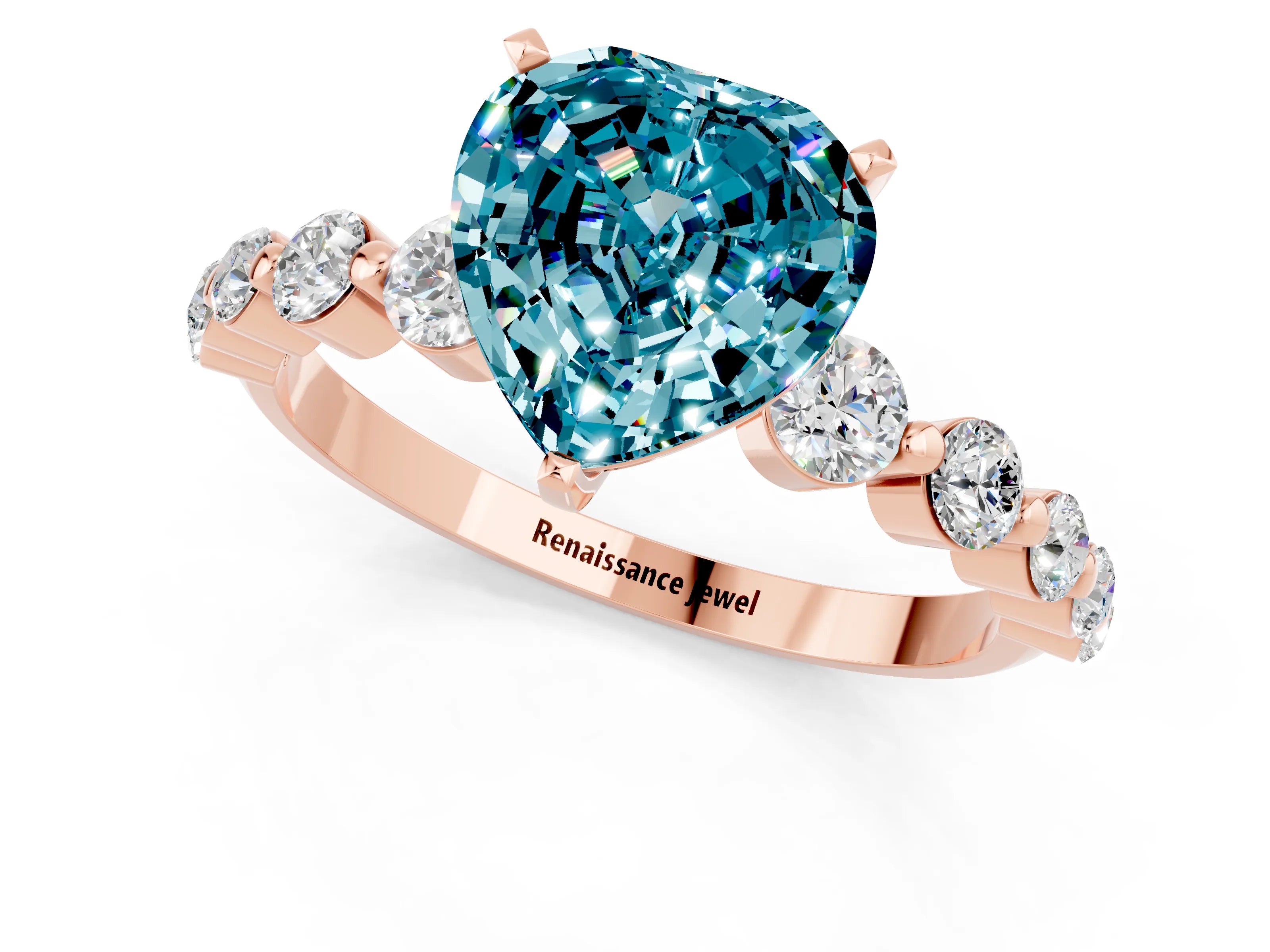 Rose gold Heart Cut Solitaire Blue Topaz Ring with Pave Band and Four-Prong Setting_1