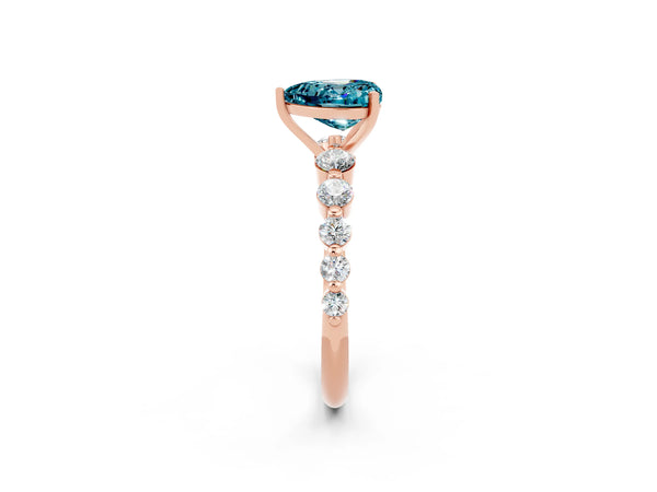 Rose gold Heart Cut Solitaire Blue Topaz Ring with Pave Band and Four-Prong Setting