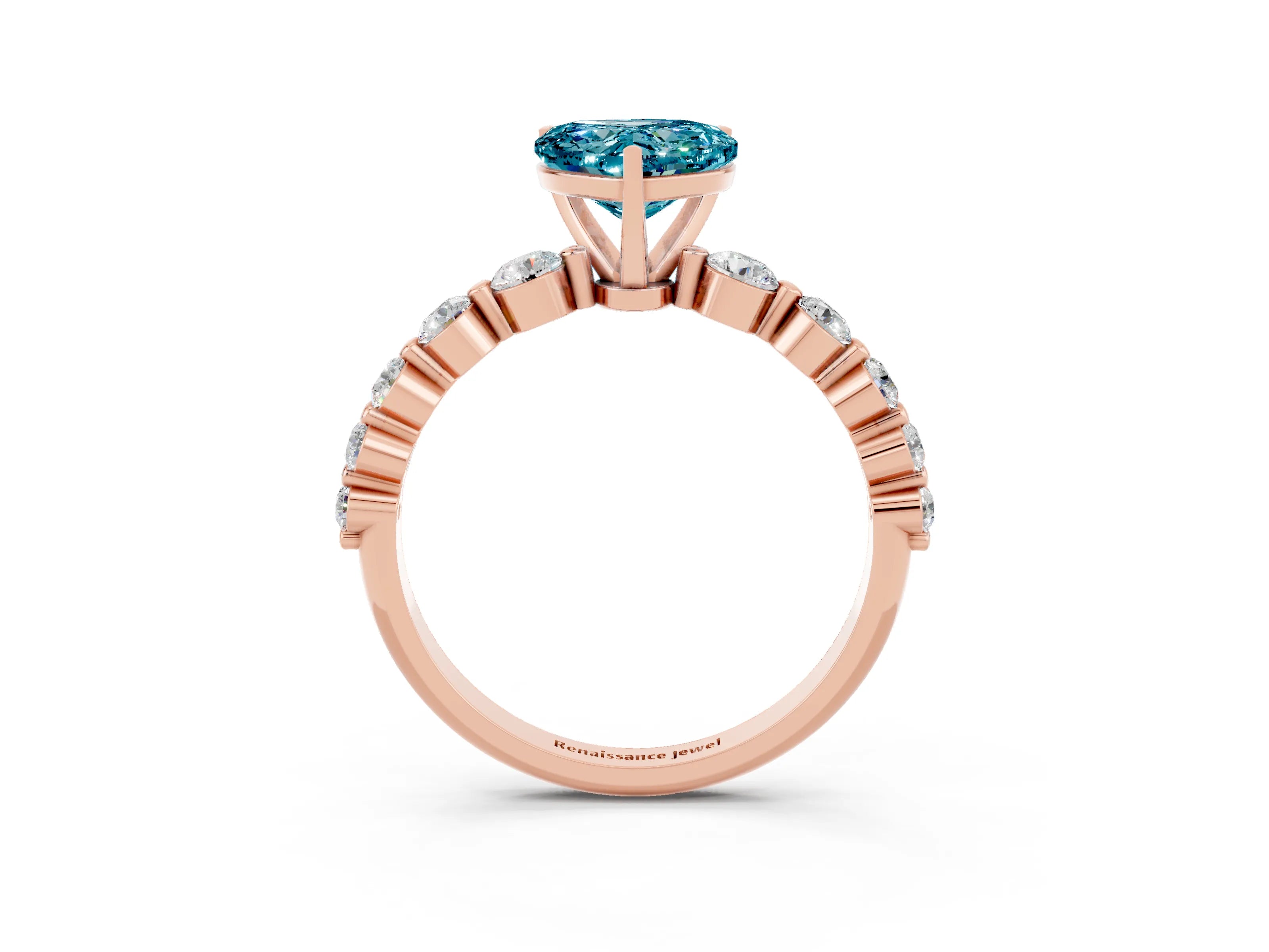 Rose gold Heart Cut Solitaire Blue Topaz Ring with Pave Band and Four-Prong Setting_3