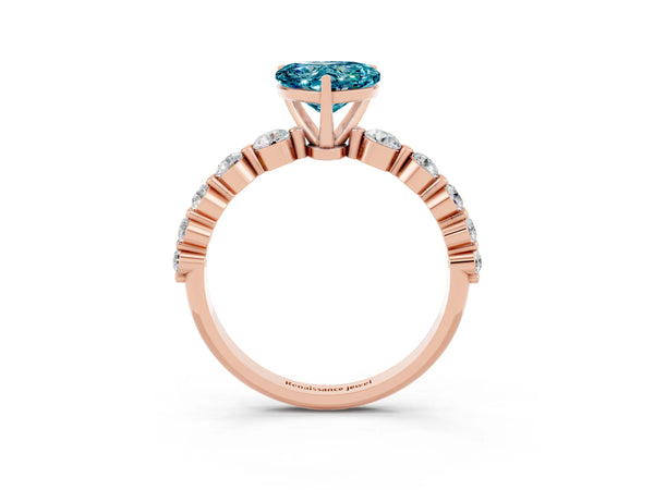 Rose gold Heart Cut Solitaire Blue Topaz Ring with Pave Band and Four-Prong Setting