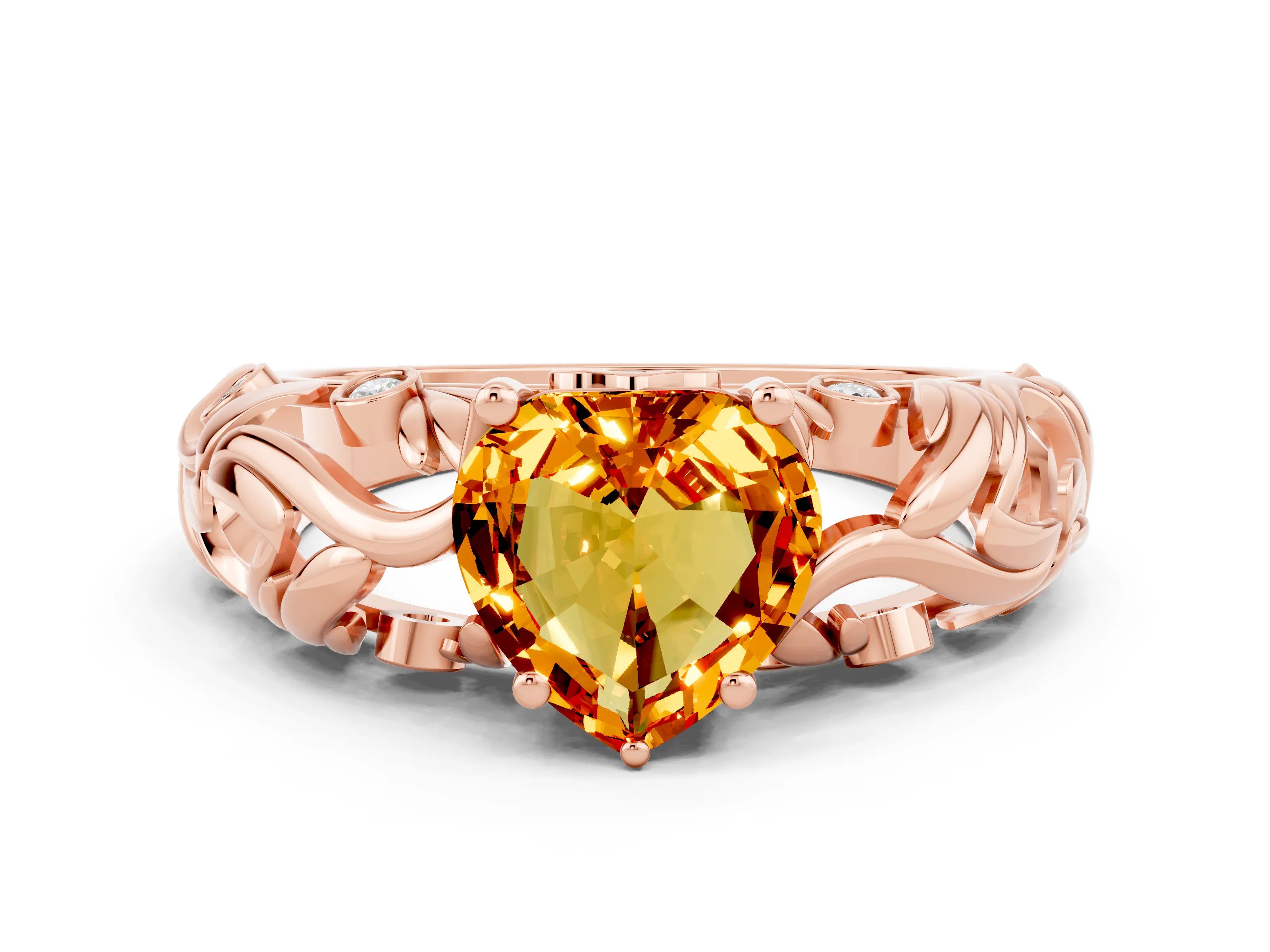 Rose gold Heart Cut Solitaire Citrine Leaf-Inspired Vine Band Ring with Prong Setting