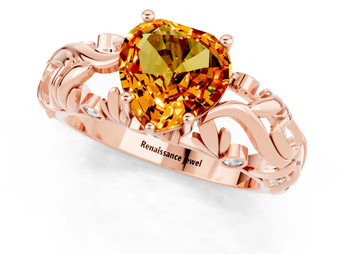 Rose gold Heart Cut Solitaire Citrine Leaf-Inspired Vine Band Ring with Prong Setting_1