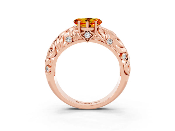 Rose gold Heart Cut Solitaire Citrine Leaf-Inspired Vine Band Ring with Prong Setting