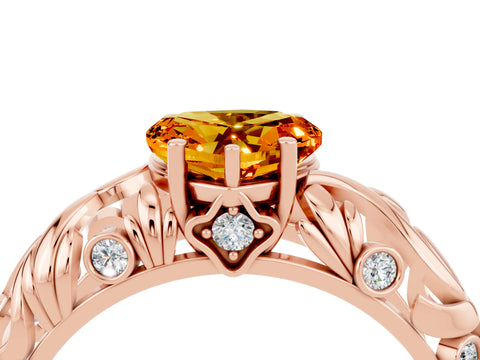 Rose gold Heart Cut Solitaire Citrine Leaf-Inspired Vine Band Ring with Prong Setting_4