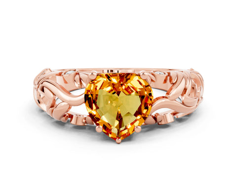 Rose gold Heart Cut Solitaire Citrine Leaf-Inspired Vine Band Ring with Prong Setting