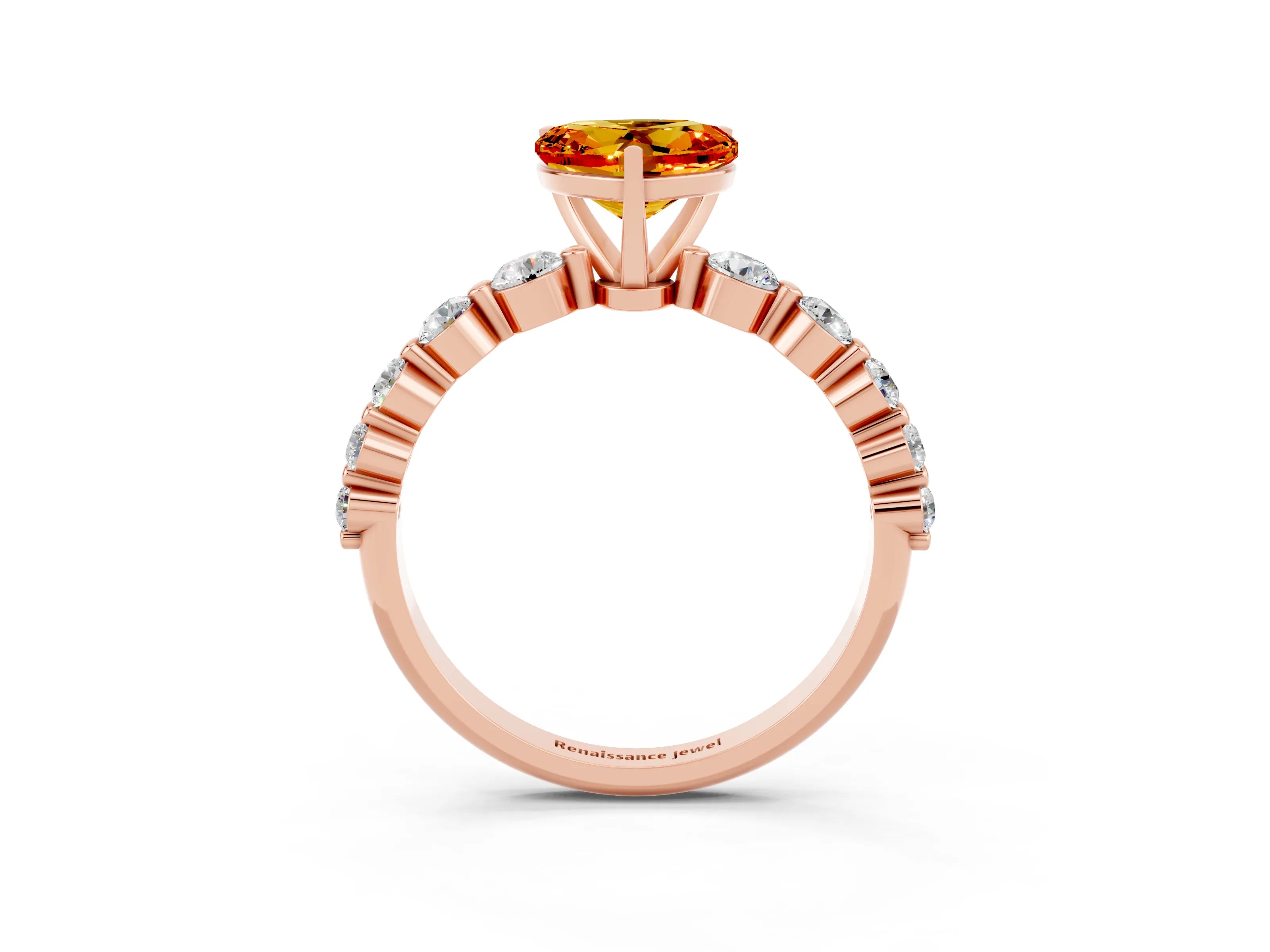 Rose gold Heart Cut Solitaire Citrine Ring with Pave Band and Four-Prong Setting_3