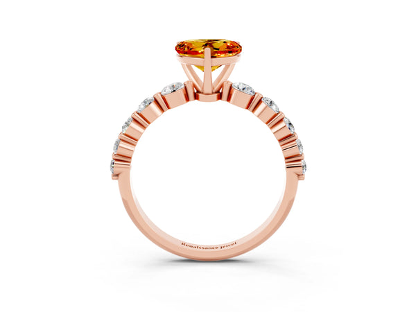 Rose gold Heart Cut Solitaire Citrine Ring with Pave Band and Four-Prong Setting