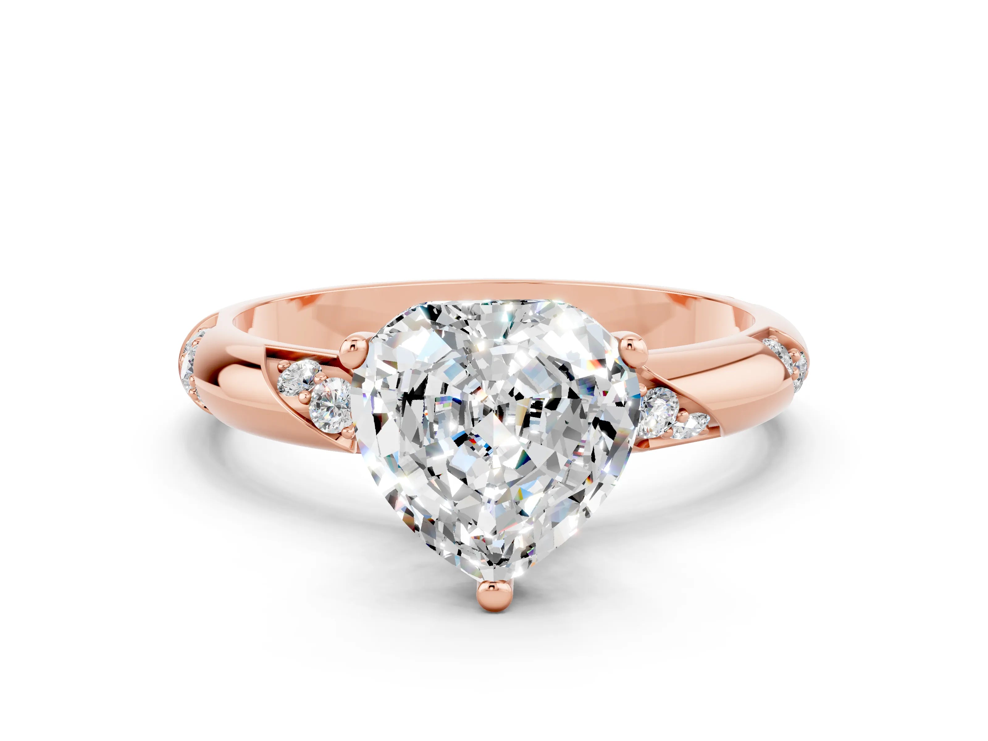 Rose gold Heart Cut Solitaire Diamond Engagement Ring with Twisted Pave Band and Four-Prong Setting