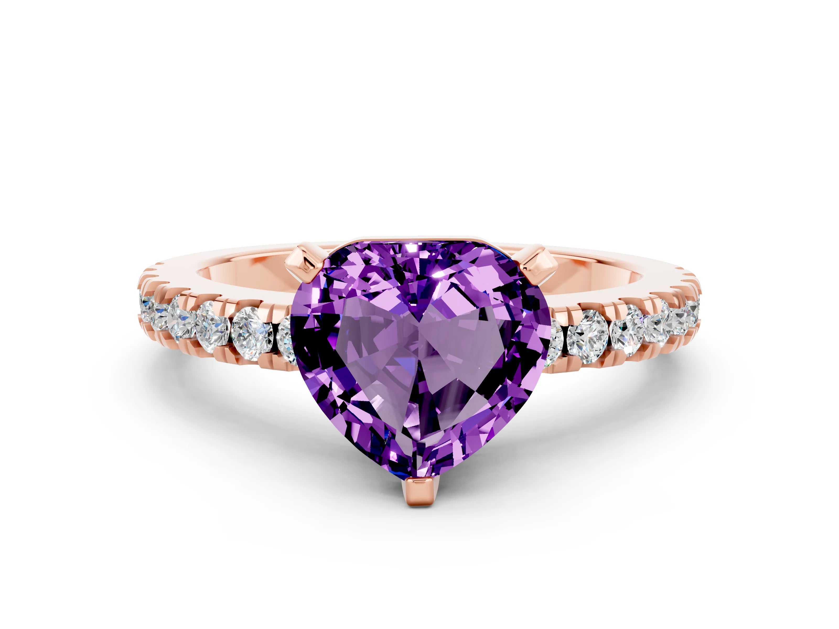 Rose gold Heart Cut Solitaire Diamond with Pavé Band and Four-Prong Setting