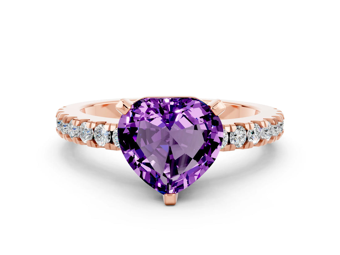 Rose gold Heart Cut Solitaire Diamond with Pavé Band and Four-Prong Setting