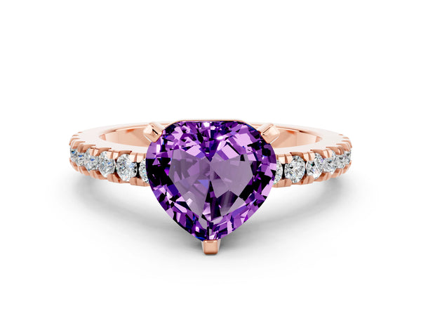 Rose gold Heart Cut Solitaire Amethyst with Pavé Band and Four-Prong Setting