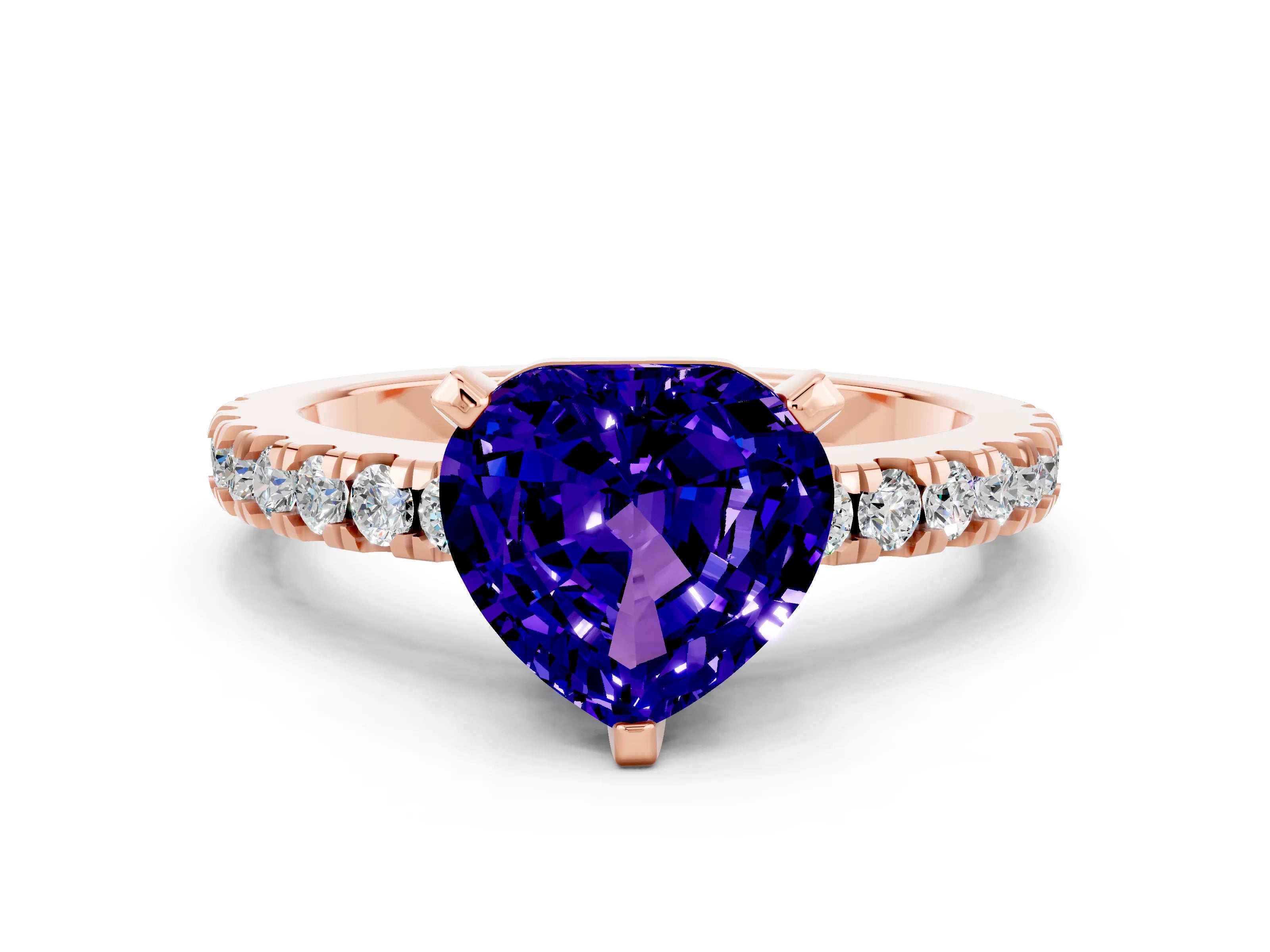 Rose gold Heart Cut Solitaire Diamond with Pavé Band and Four-Prong Setting