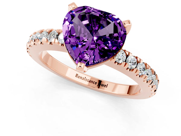 Rose gold Heart Cut Solitaire Amethyst with Pavé Band and Four-Prong Setting