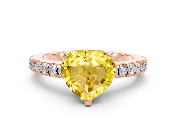 Rose gold Heart Cut Solitaire Yellow Sapphire with Pavé Band and Four-Prong Setting