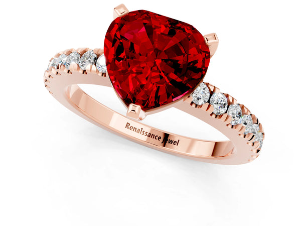Rose gold Heart Cut Solitaire Ruby with Pavé Band and Four-Prong Setting