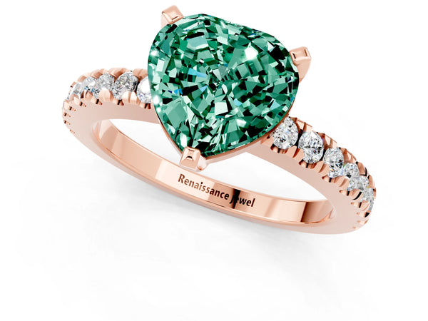 Rose gold Heart Cut Solitaire Green Sapphire with Pavé Band and Four-Prong Setting