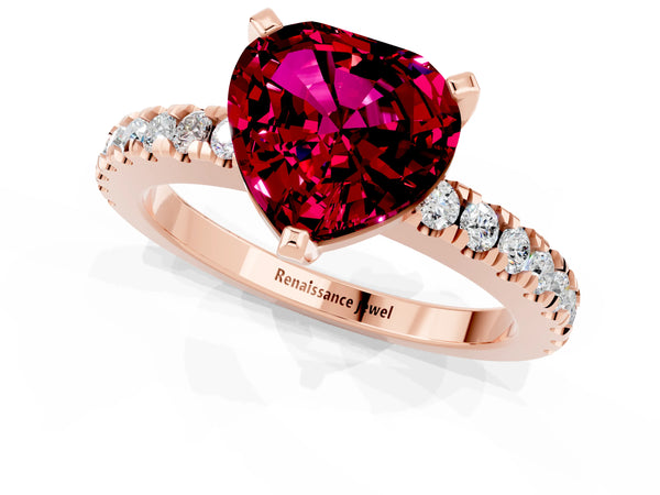 Rose gold Heart Cut Solitaire Garnet with Pavé Band and Four-Prong Setting