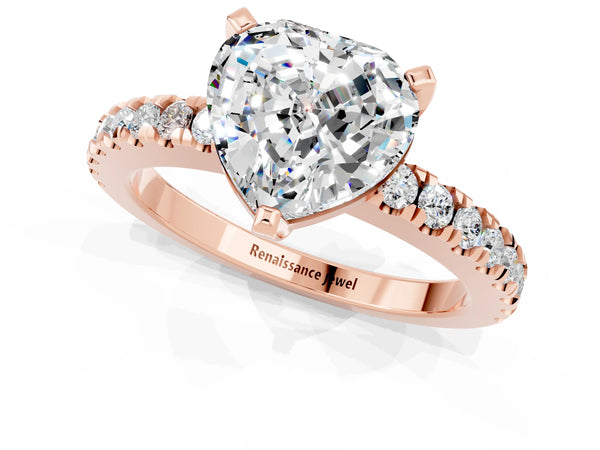 Rose gold Heart Cut Solitaire Moissanite with Pavé Band and Four-Prong Setting
