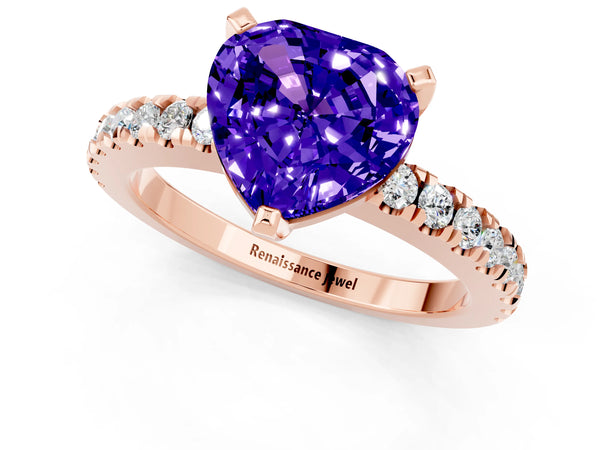 Rose gold Heart Cut Solitaire Tanzanite with Pavé Band and Four-Prong Setting