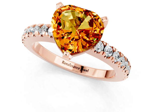 Rose gold Heart Cut Solitaire Citrine with Pavé Band and Four-Prong Setting