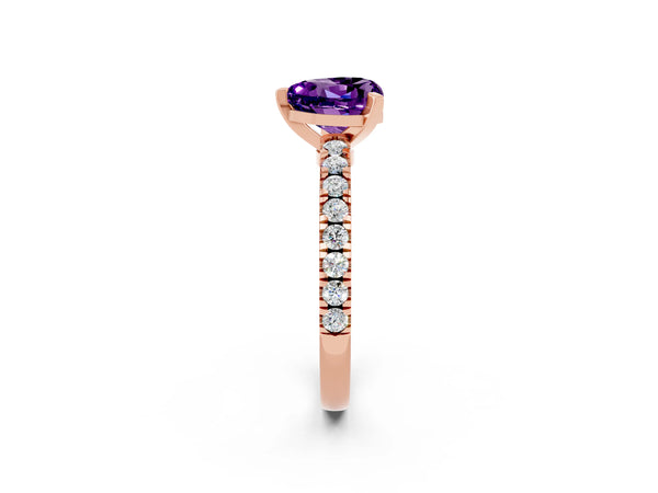 Rose gold Heart Cut Solitaire Amethyst with Pavé Band and Four-Prong Setting