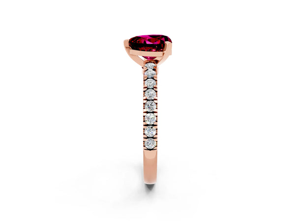 Rose gold Heart Cut Solitaire Garnet with Pavé Band and Four-Prong Setting