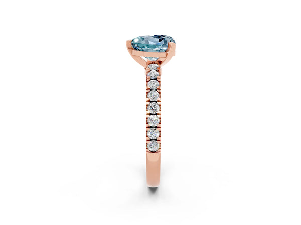 Rose gold Heart Cut Solitaire Aquamarine with Pavé Band and Four-Prong Setting