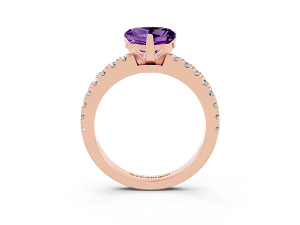 Rose gold Heart Cut Solitaire Amethyst with Pavé Band and Four-Prong Setting