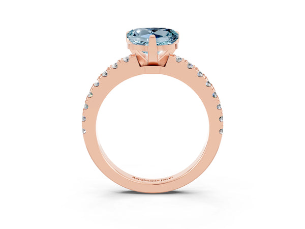 Rose gold Heart Cut Solitaire Aquamarine with Pavé Band and Four-Prong Setting