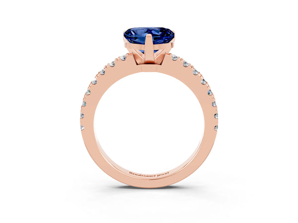 Rose gold Heart Cut Solitaire Blue Sapphire with Pavé Band and Four-Prong Setting