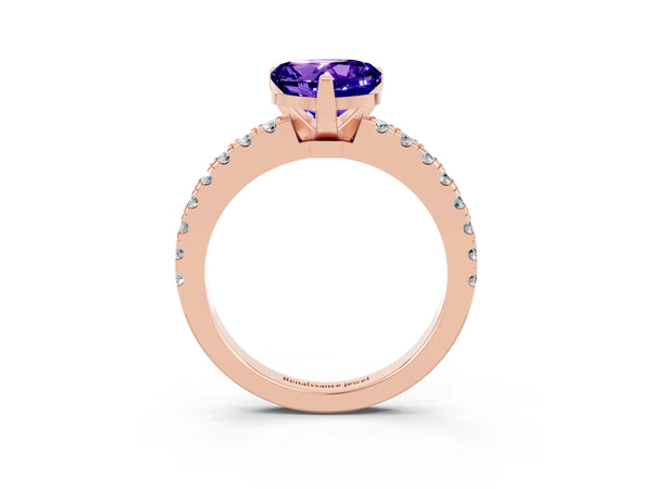 Rose gold Heart Cut Solitaire Tanzanite with Pavé Band and Four-Prong Setting