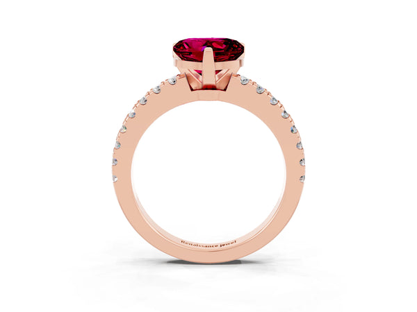 Rose gold Heart Cut Solitaire Garnet with Pavé Band and Four-Prong Setting