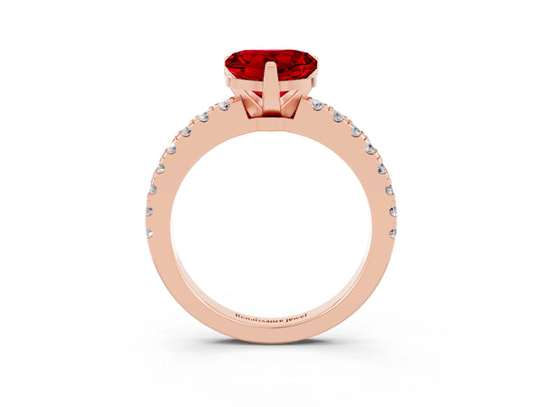 Rose gold Heart Cut Solitaire Ruby with Pavé Band and Four-Prong Setting