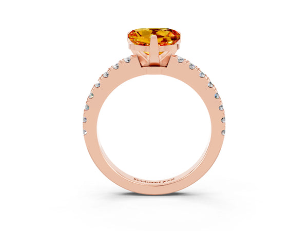 Rose gold Heart Cut Solitaire Citrine with Pavé Band and Four-Prong Setting