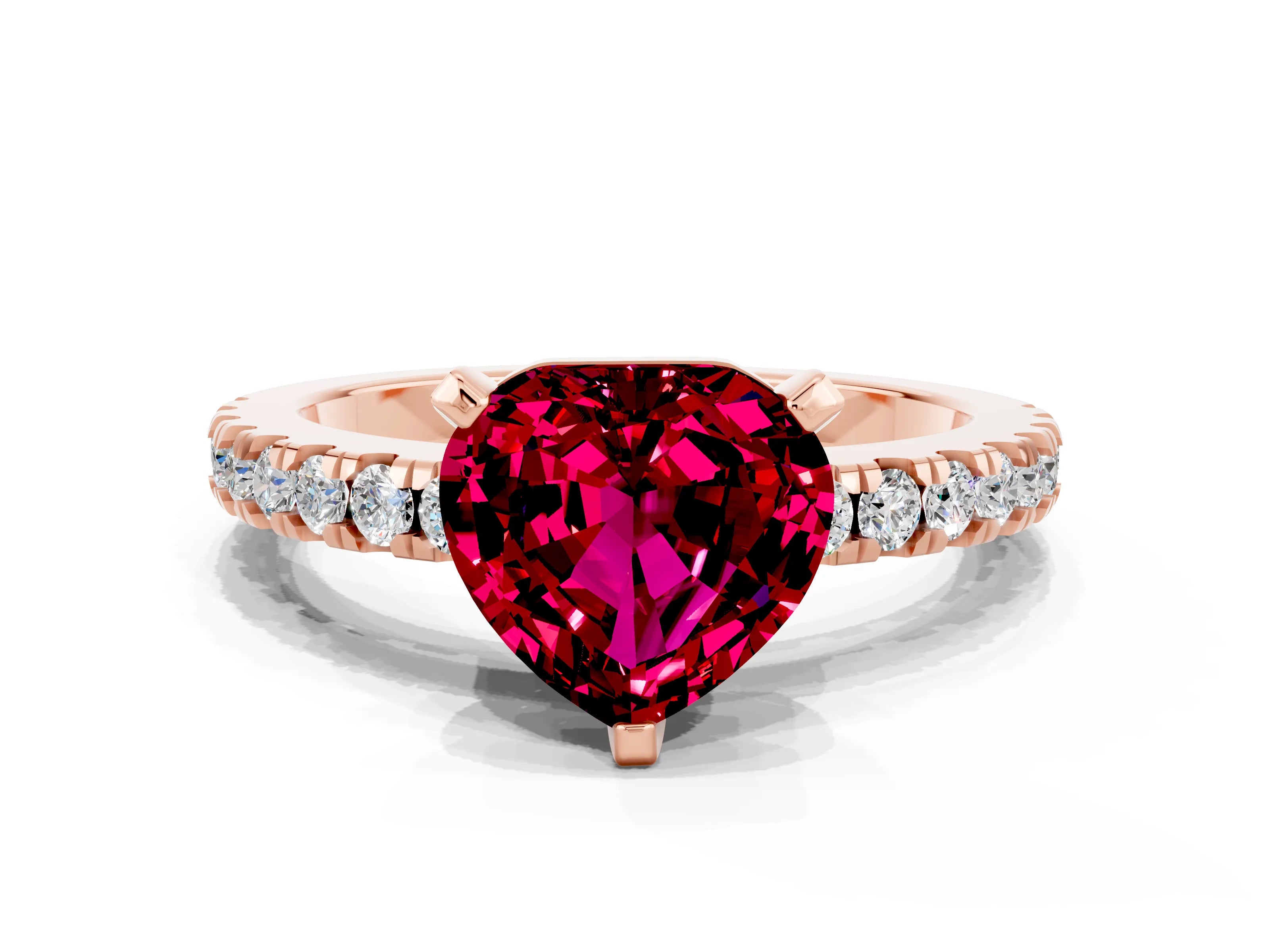 Rose gold Heart Cut Solitaire Diamond with Pavé Band and Four-Prong Setting