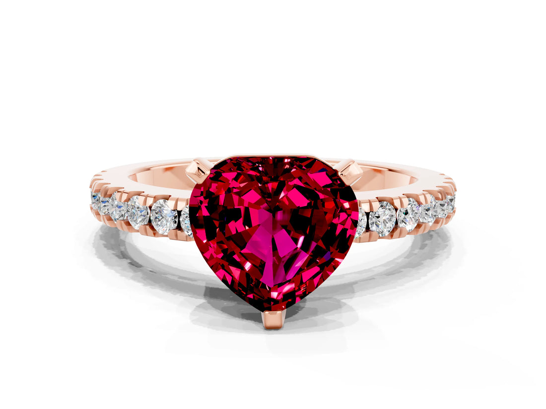 Rose gold Heart Cut Solitaire Diamond with Pavé Band and Four-Prong Setting