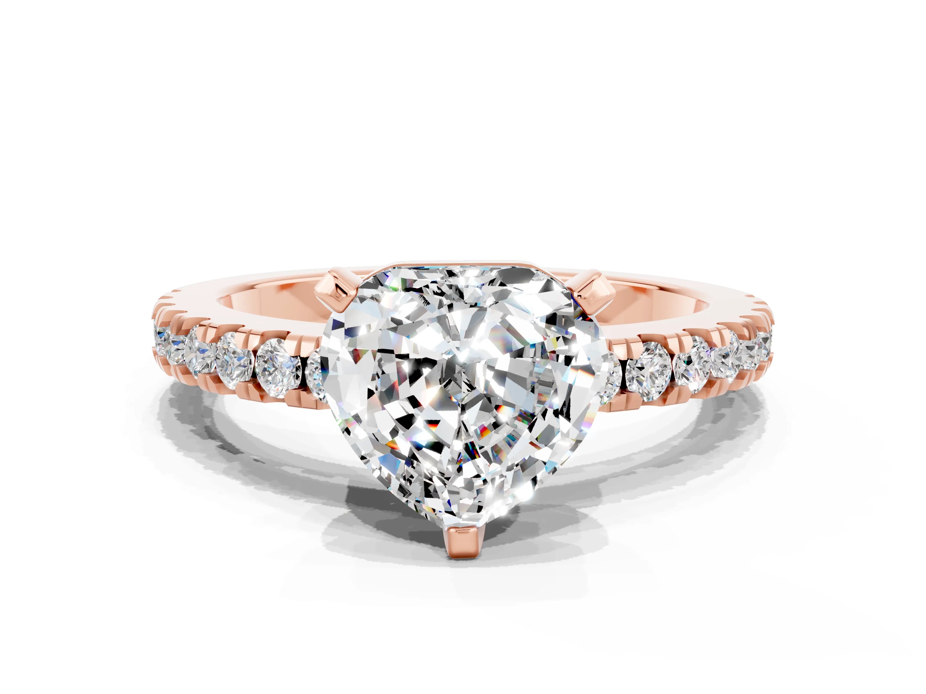 Rose gold Heart Cut Solitaire Diamond with Pavé Band and Four-Prong Setting