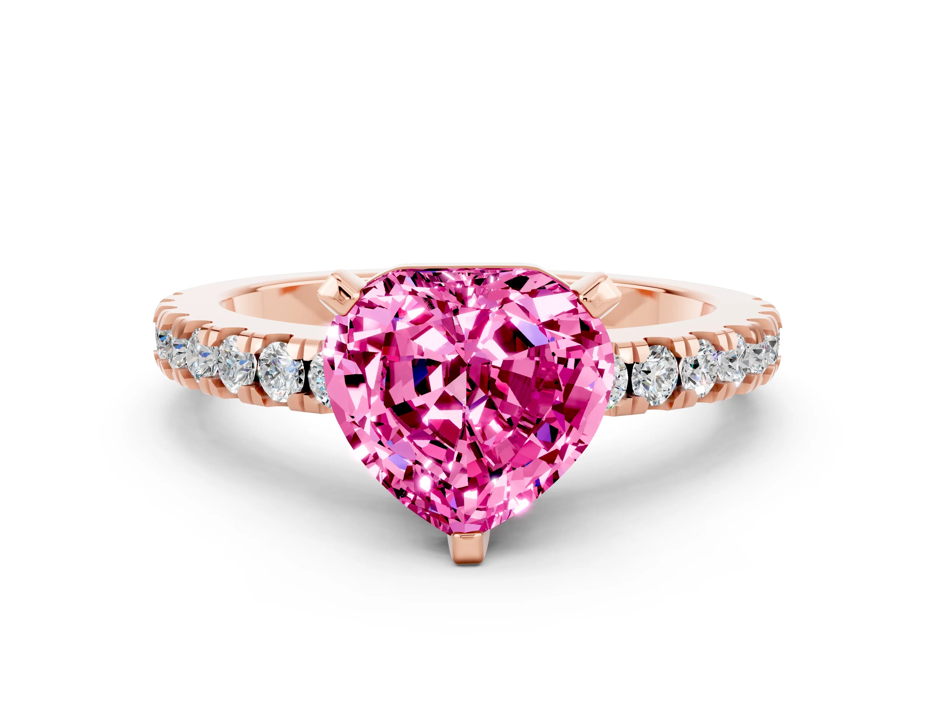 Rose gold Heart Cut Solitaire Diamond with Pavé Band and Four-Prong Setting