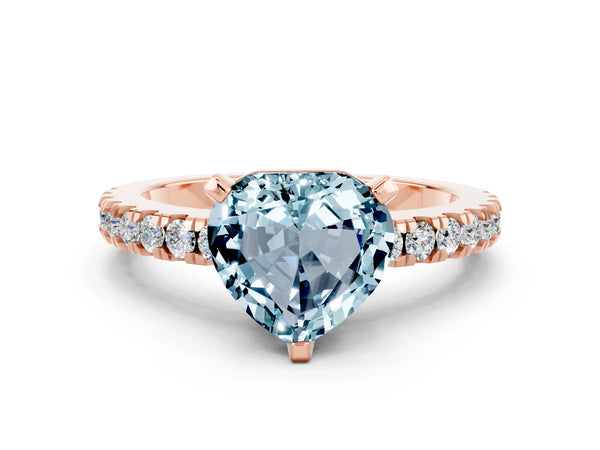 Rose gold Heart Cut Solitaire Aquamarine with Pavé Band and Four-Prong Setting
